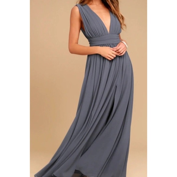 Lulus Dresses & Skirts - NWT Lulus Heavenly Hues Dusty Blue Maxi Dress Pleated V-Neck Gown‎ Womens Sz S